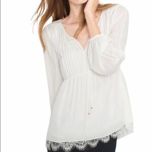 White House Black Market WHBM Lace-Trim Boho Blouse Cream Pintuck Gold Accents 0